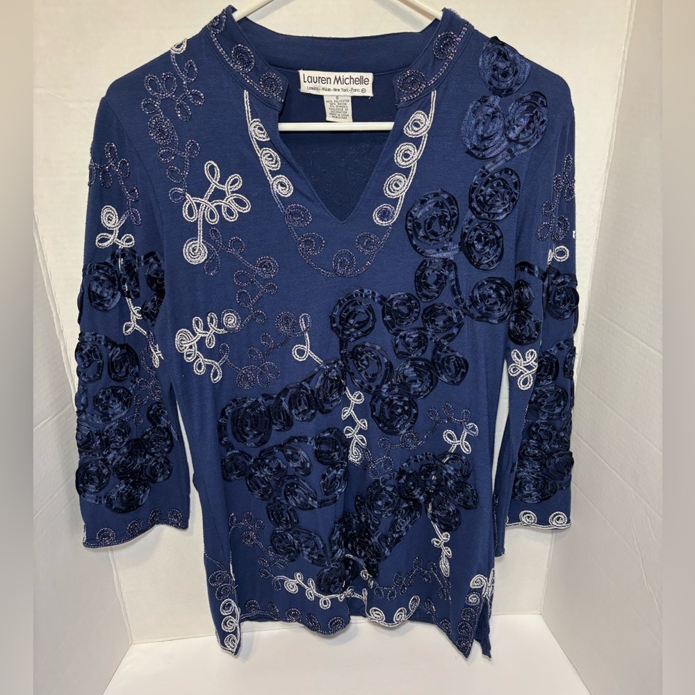 Lauren Michelle Navy Embellished Tunic Top Size Small Three Quarter Sleeves